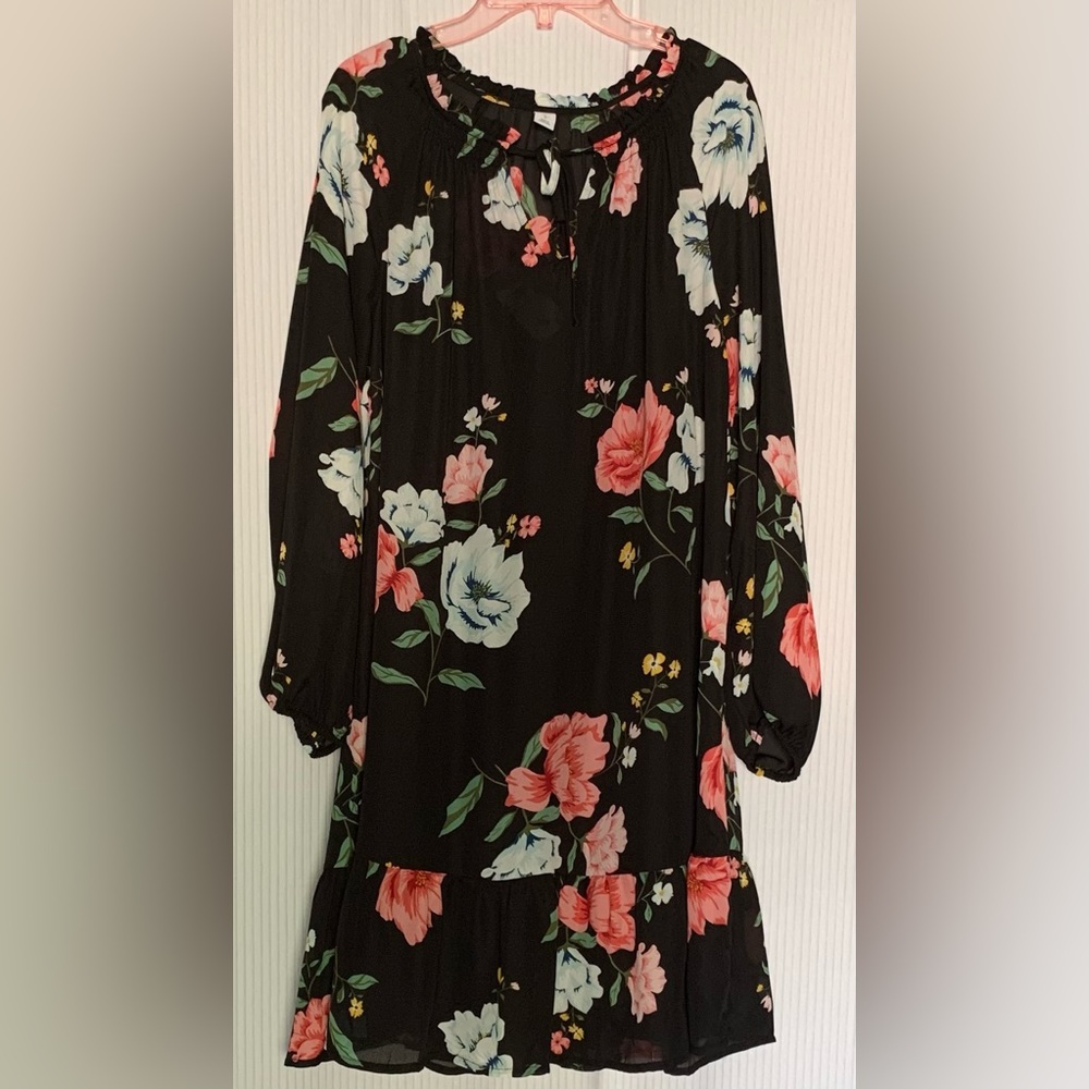 Old Navy Midi Length Lightweight Dress Black with Floral Print Slip Lined Large